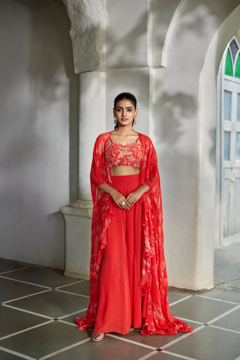 PH-2853 Nunu Jacket Palazzo Set by Paulmi & Harsh in red color for women in Singapore