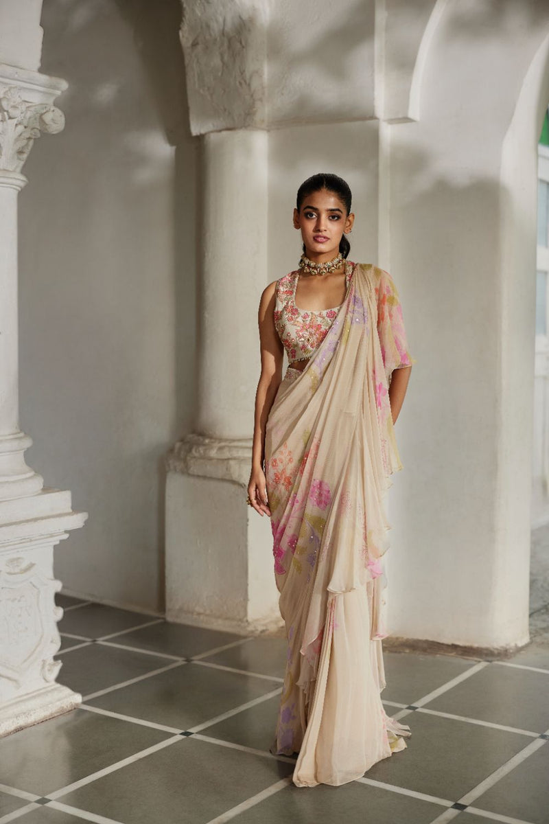 PH-2866 Ceres Saree Set chiffon by Paulmi & Harsh in ivory color for women in Singapore