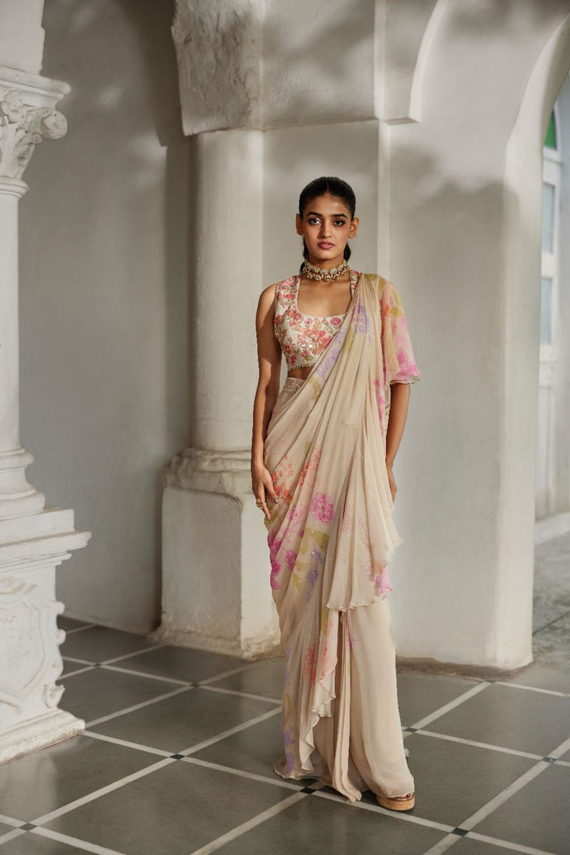 PH-2866 Ceres Saree Set chiffon by Paulmi & Harsh in ivory color for women in Singapore