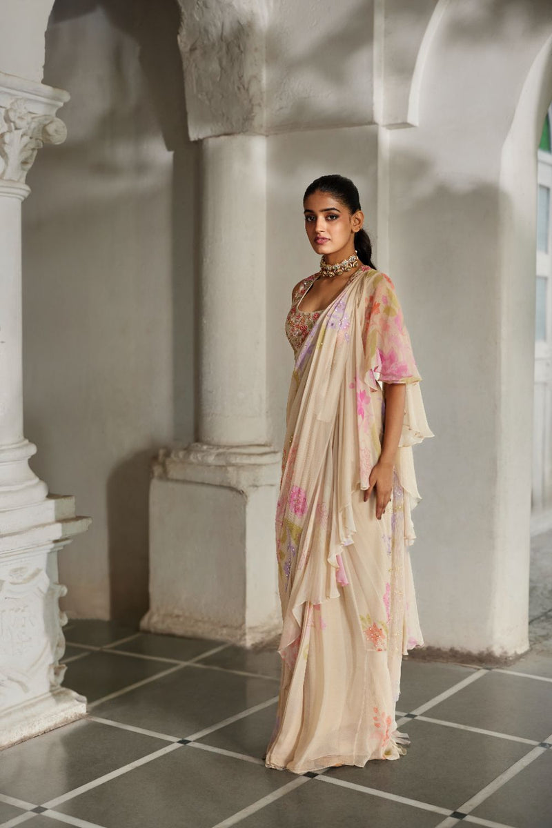 PH-2866 Ceres Saree Set chiffon by Paulmi & Harsh in ivory color for women in Singapore