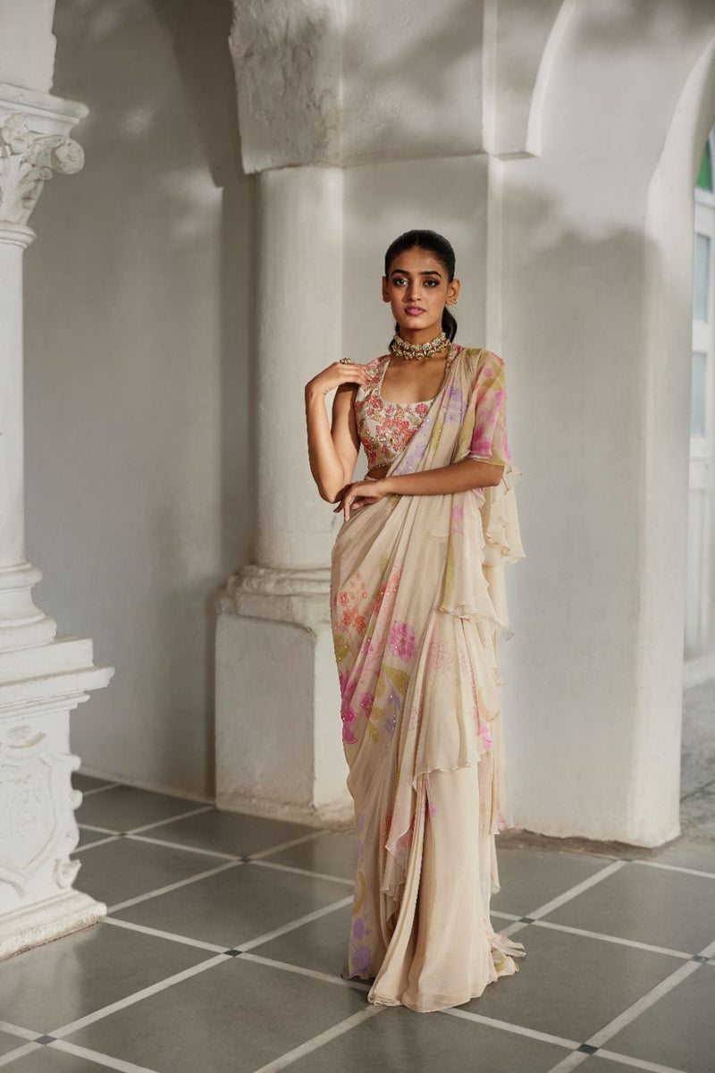 PH-2866 Ceres Saree Set chiffon by Paulmi & Harsh in ivory color for women in Singapore