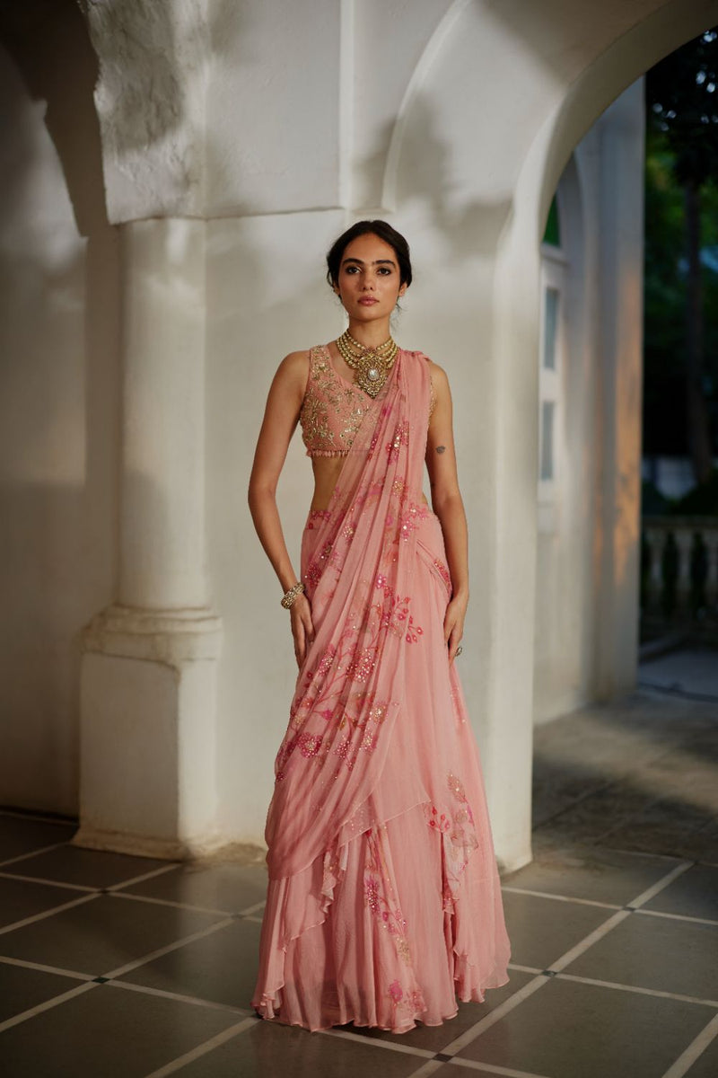 PH-2882 Kiri Saree Set chiffon by Paulmi & Harsh in pink color for women in Singapore