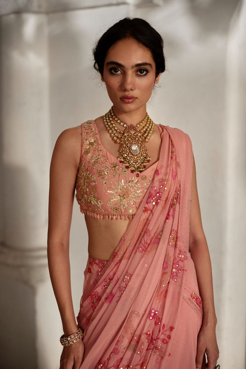 PH-2882 Kiri Saree Set chiffon by Paulmi & Harsh in pink color for women in Singapore