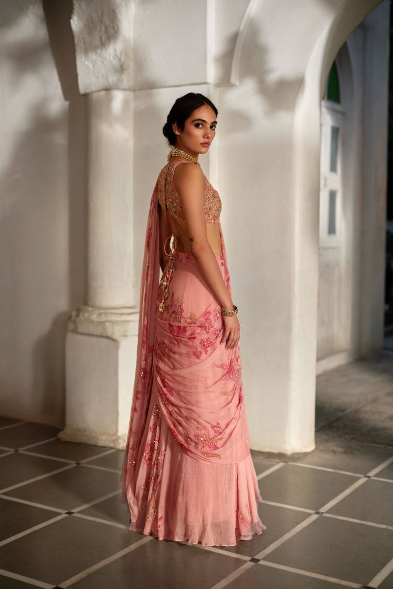 PH-2882 Kiri Saree Set chiffon by Paulmi & Harsh in pink color for women in Singapore