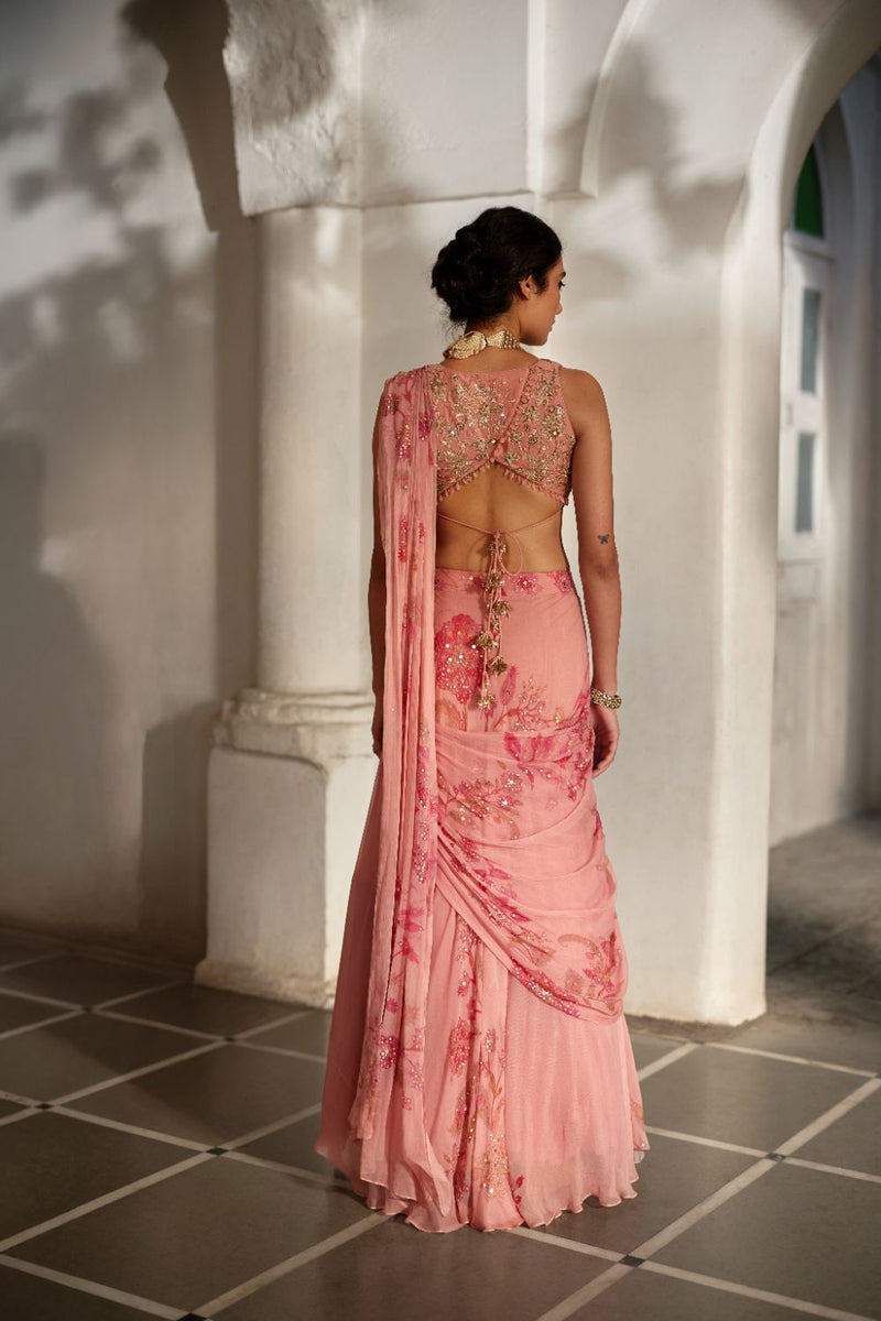 PH-2882 Kiri Saree Set chiffon by Paulmi & Harsh in pink color for women in Singapore