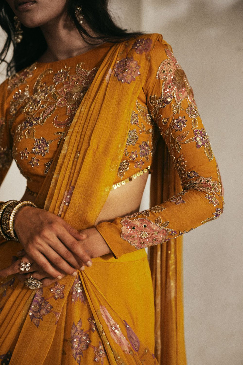 PH-2891 Moon Saree Set chiffon by Paulmi & Harsh in gold color for women in Singapore