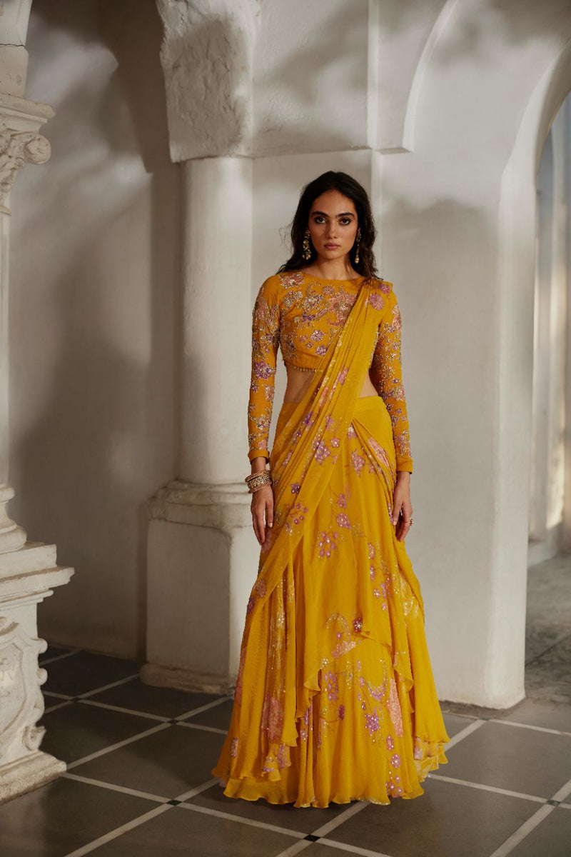 PH-2891 Moon Saree Set chiffon by Paulmi & Harsh in gold color for women in Singapore