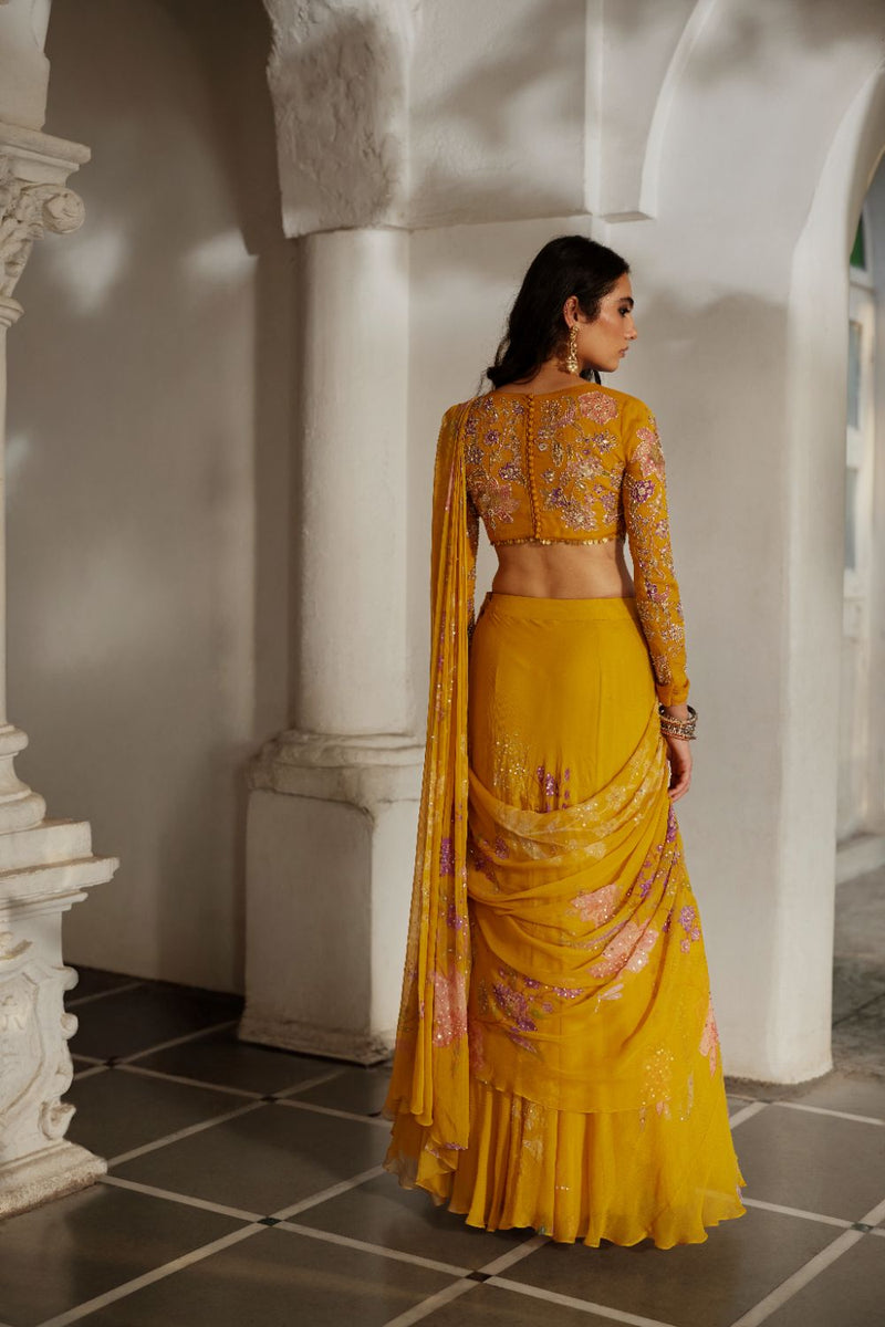 PH-2891 Moon Saree Set chiffon by Paulmi & Harsh in gold color for women in Singapore