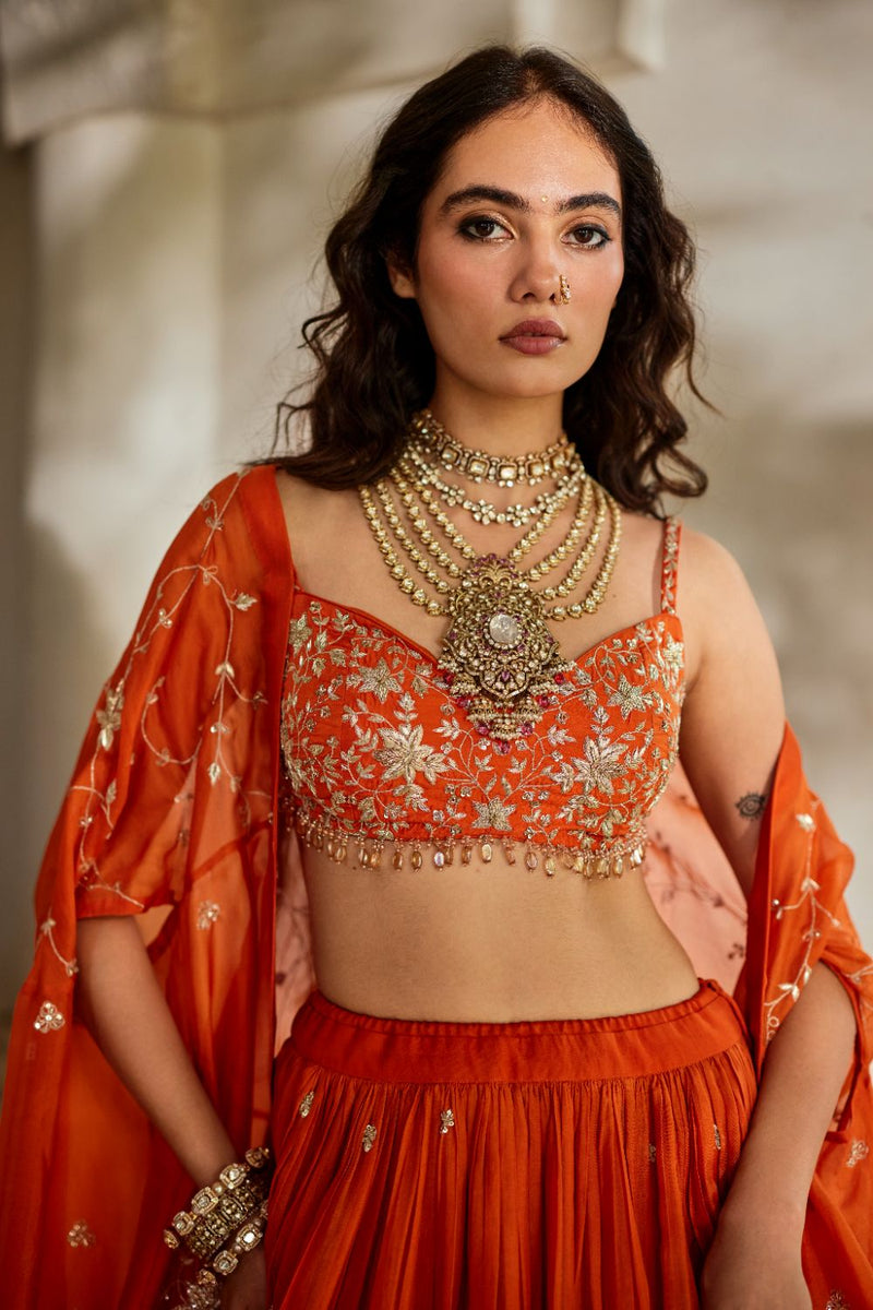 PH-3106 Sara Cape Lehenga Set organza by Paulmi & Harsh in rust color for women in Singapore