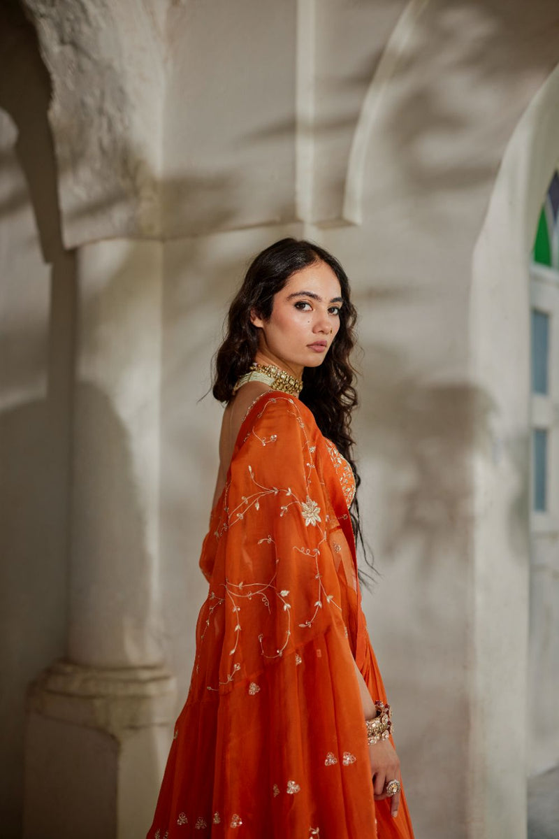 PH-3106 Sara Cape Lehenga Set organza by Paulmi & Harsh in rust color for women in Singapore