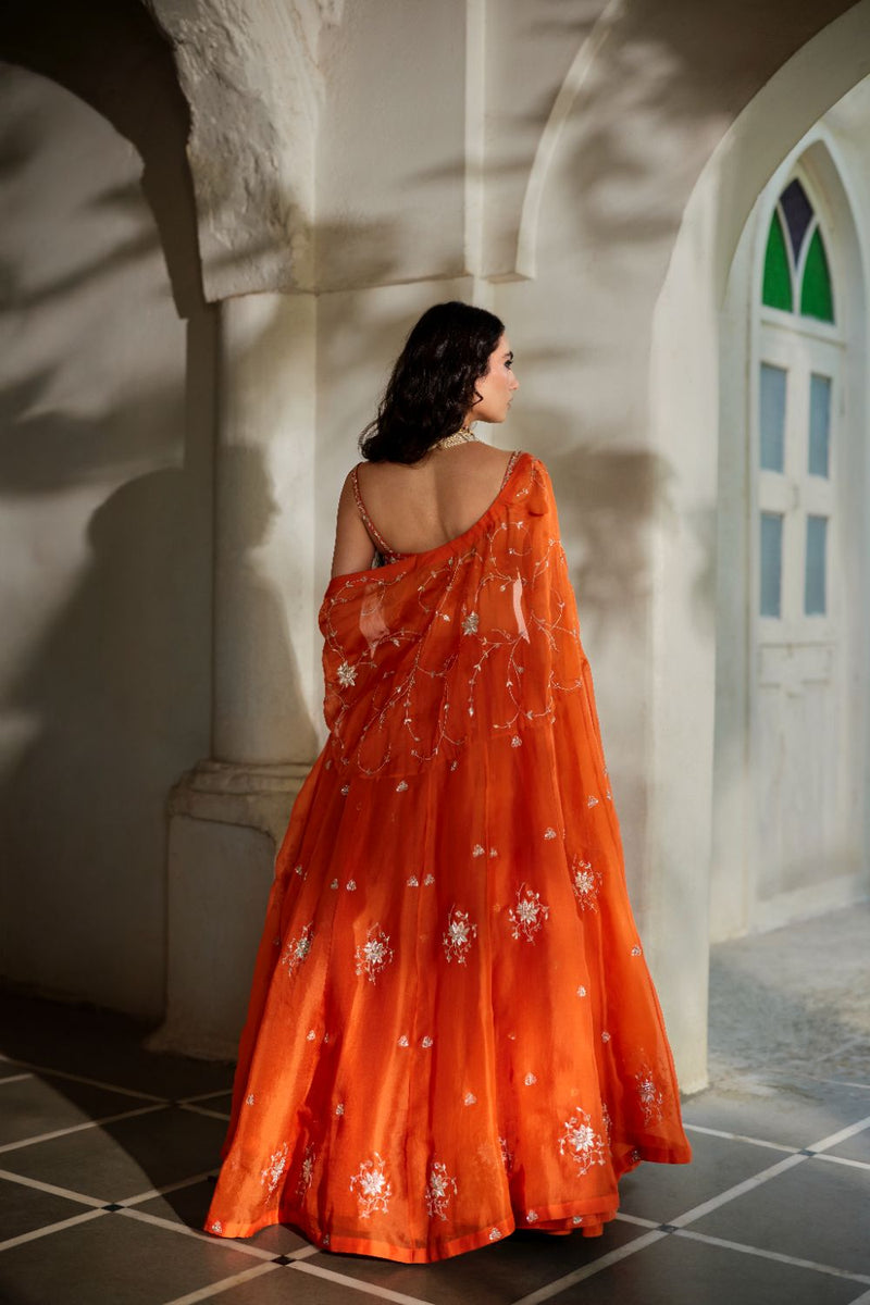 PH-3106 Sara Cape Lehenga Set organza by Paulmi & Harsh in rust color for women in Singapore