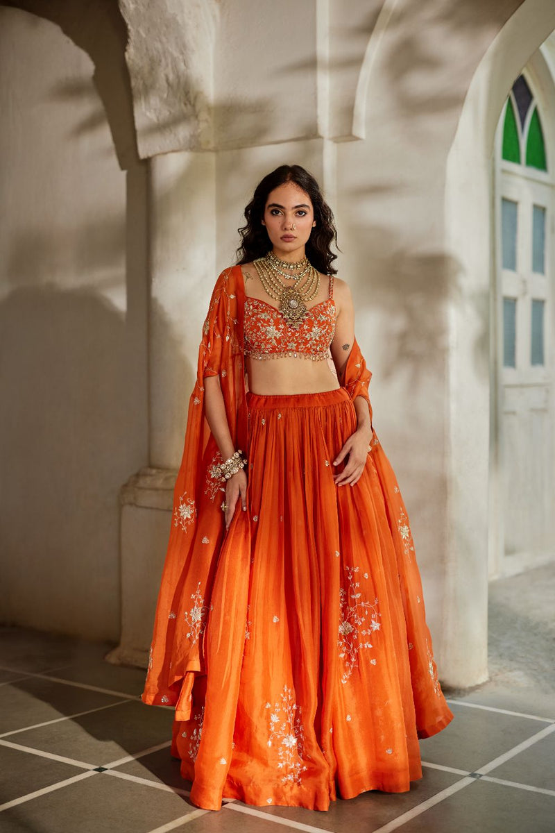 PH-3106 Sara Cape Lehenga Set organza by Paulmi & Harsh in rust color for women in Singapore