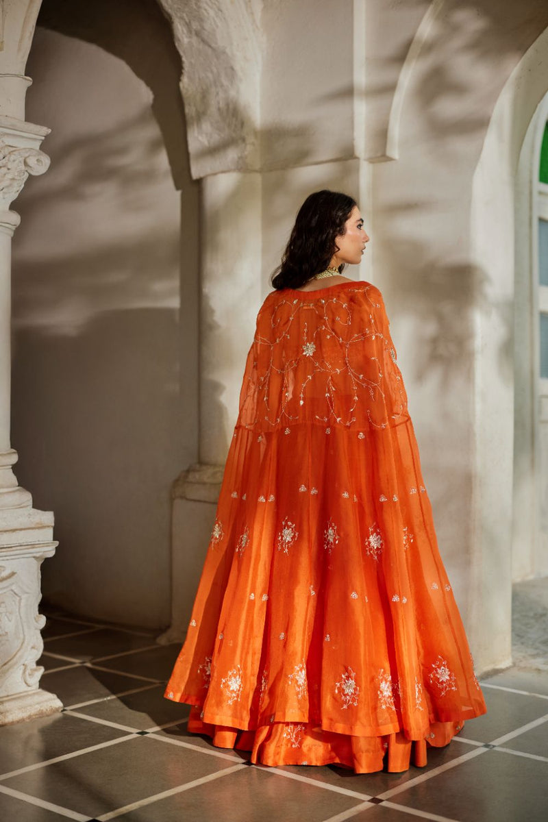 PH-3106 Sara Cape Lehenga Set organza by Paulmi & Harsh in rust color for women in Singapore