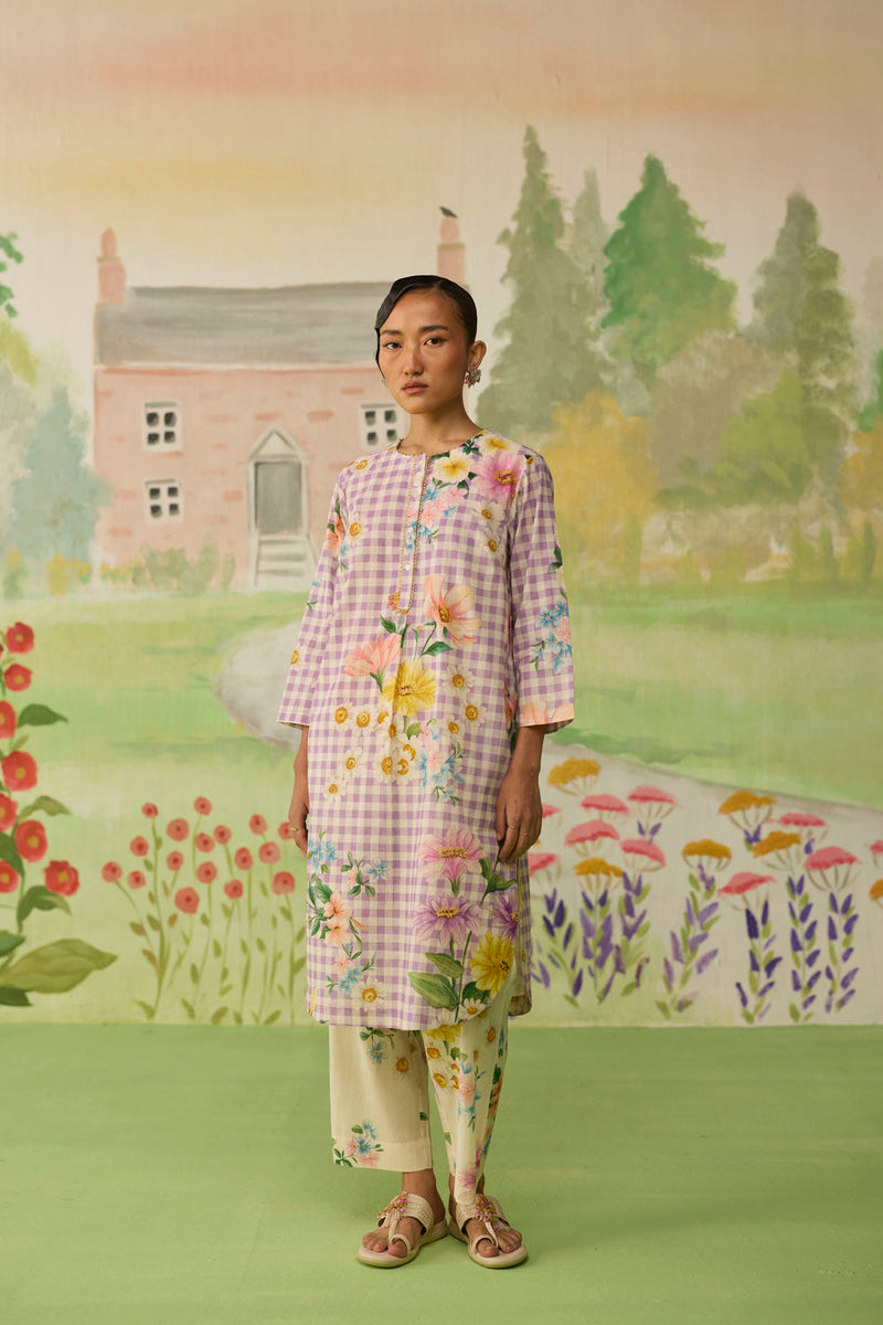 Lilac Daisy Mid Kurta Set cotton co-ord set by Nadiya Paar in lilac for women in Singapore