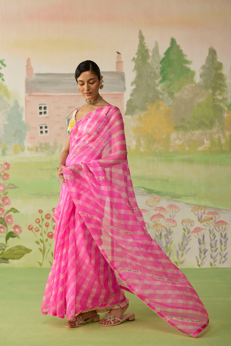 Trellis Pink Kota Doria Silk Lehriya Mothra Sari silk saree by Nadiya Paar in pink for women in Singapore