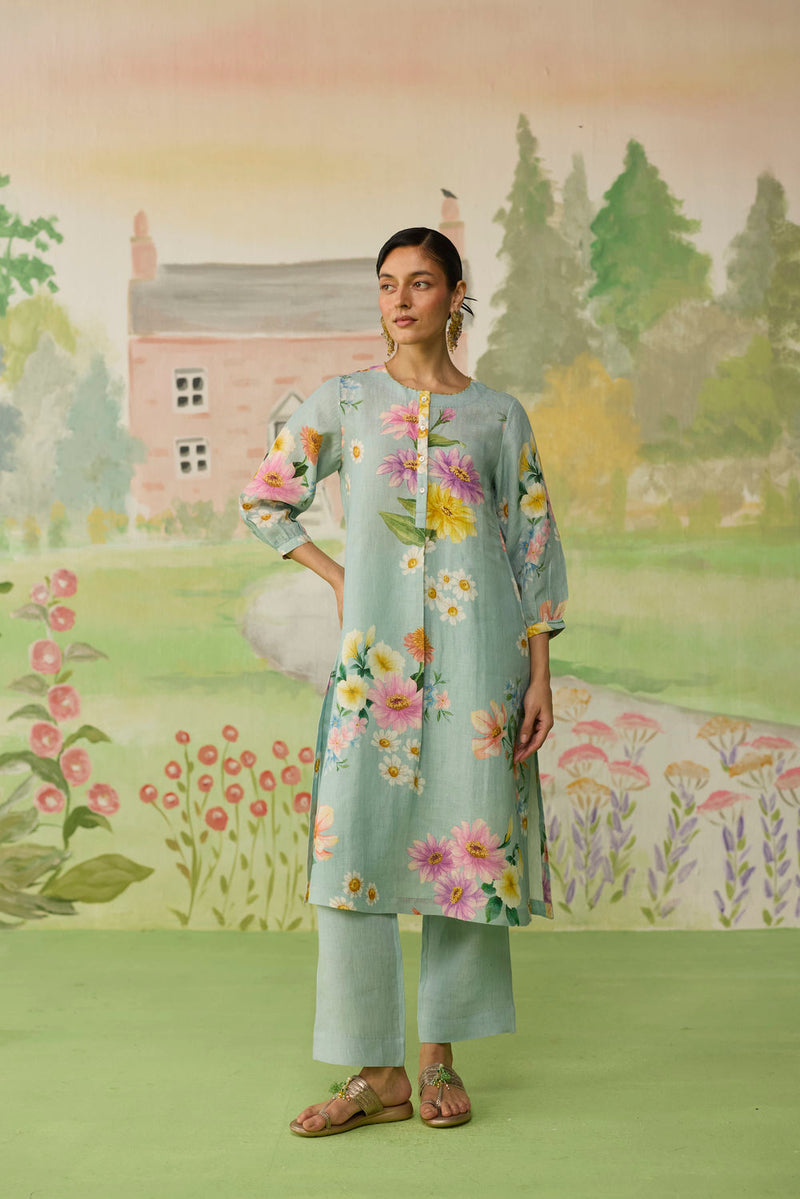 Aqua Daisy Long Kurta Set Linen linen co-ord set by Nadiya Paar in blue for women in Singapore