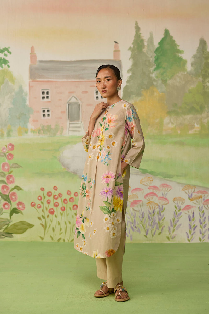 Sand Brown Daisy Long Kurta Set cotton co-ord set by Nadiya Paar in brown for women in Singapore