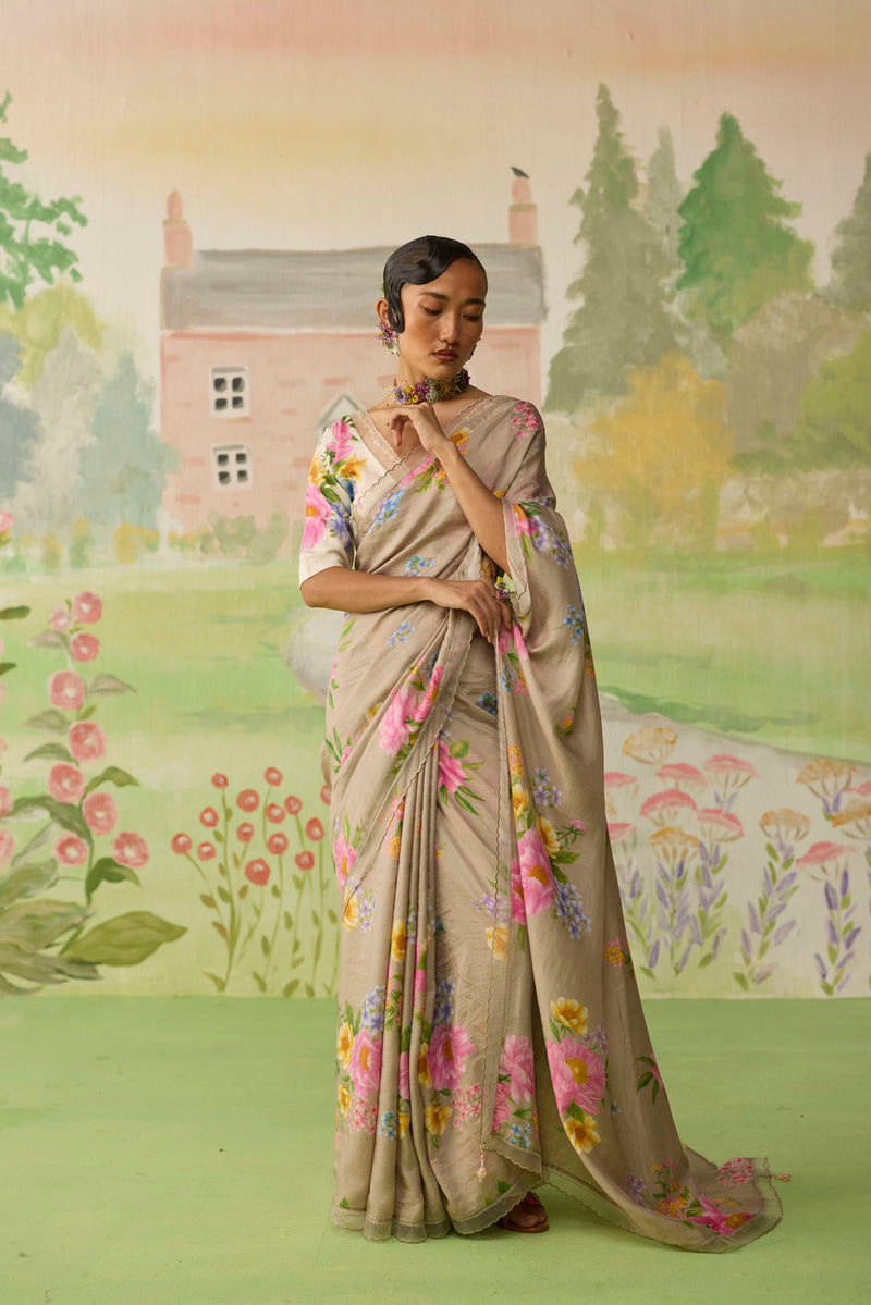 Peony Mulberry Silk Sari silk saree by Nadiya Paar in brown for women in Singapore