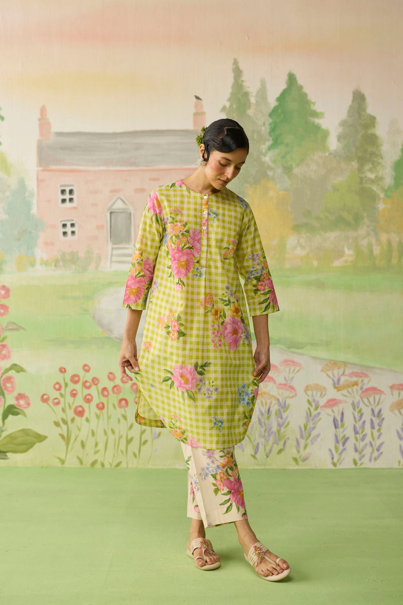 Lime Green Peony Mid Kurta Set cotton co-ord set by Nadiya Paar in green for women in Singapore