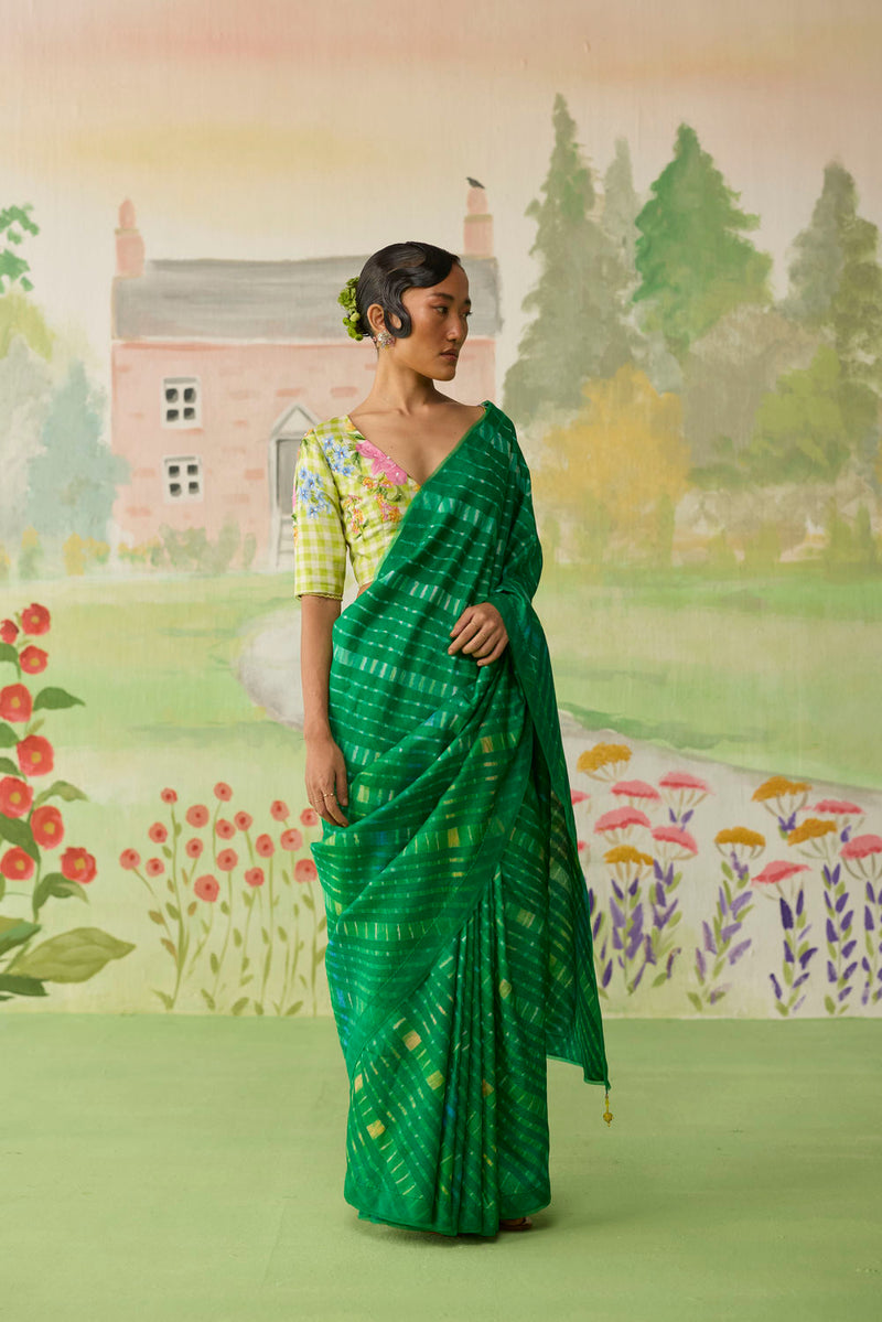 Fern Song Tussar Silk Lehriiya Mothra Sari silk saree by Nadiya Paar in green for women in Singapore