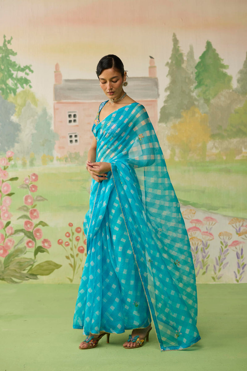 Trellis Blue Kota Doria Silk Lehriya Mothra Sari silk saree by Nadiya Paar in blue for women in Singapore