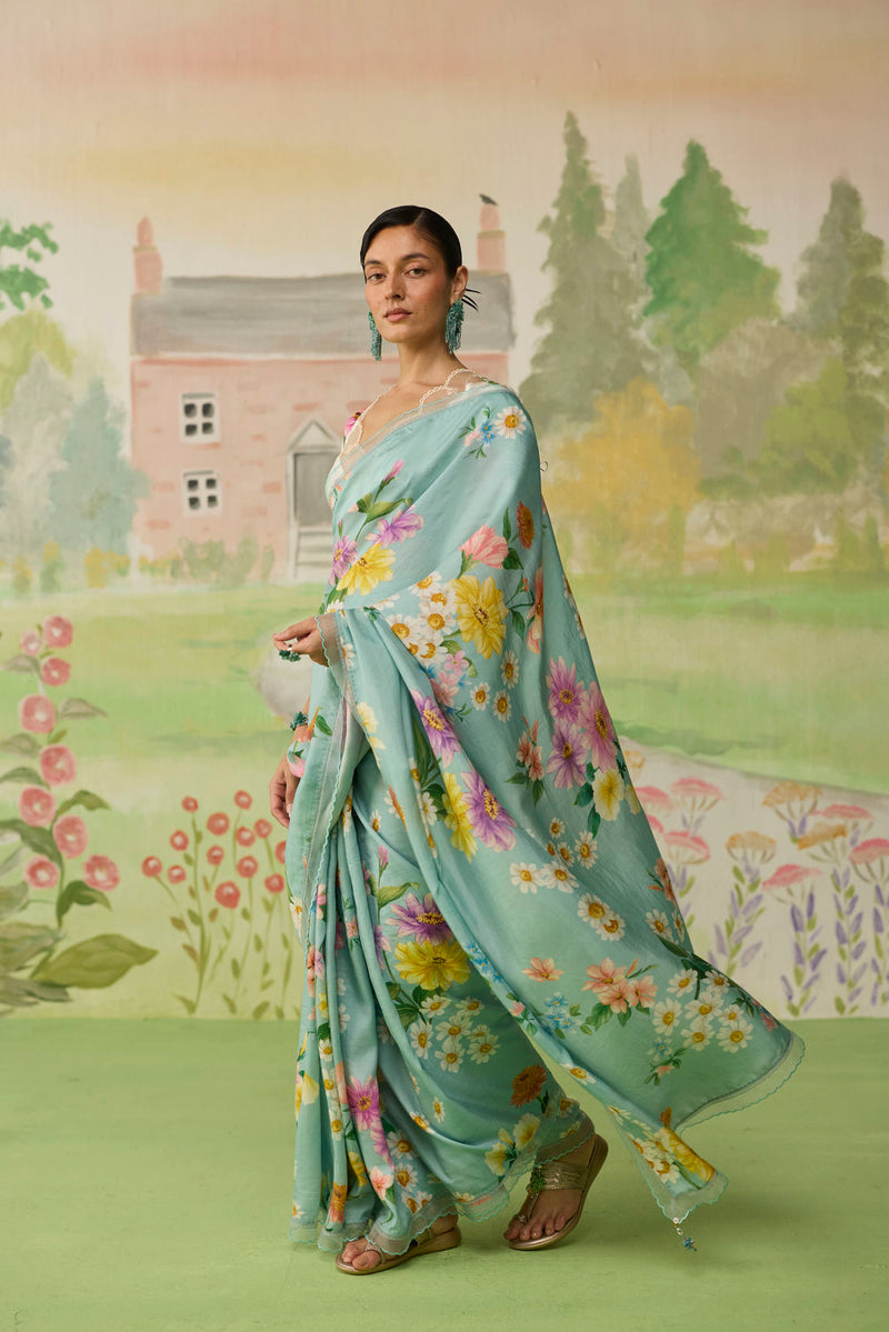 Aqua Daisy Mulberry Silk Sari silk saree by Nadiya Paar in blue for women in Singapore