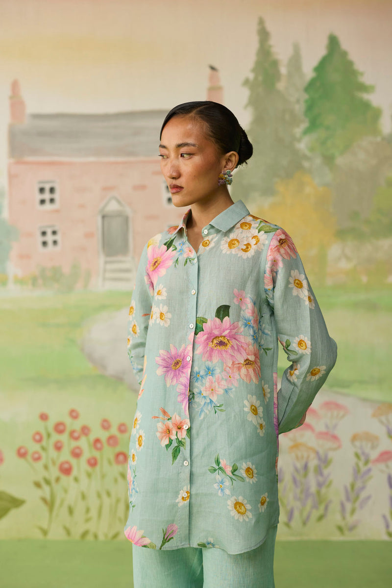 Nice Day Linen Shirt Aqua Blue linen top/shirt by Nadiya Paar in blue for women in Singapore