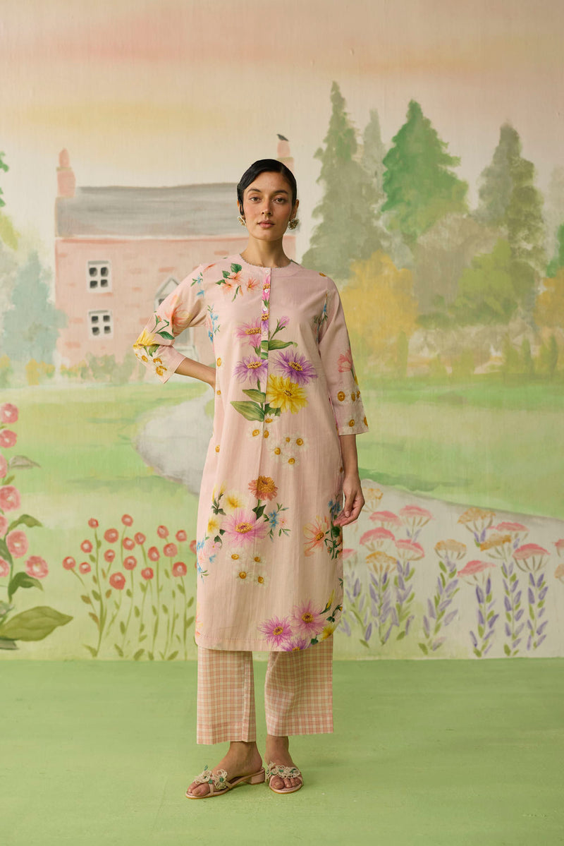 Pink Daisy Long Kurta Set cotton co-ord set by Nadiya Paar in pink for women in Singapore