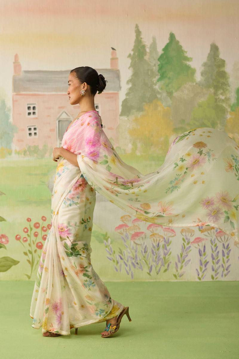 Chamomile Kota Doria Silk Sari silk saree by Nadiya Paar in off white for women in Singapore