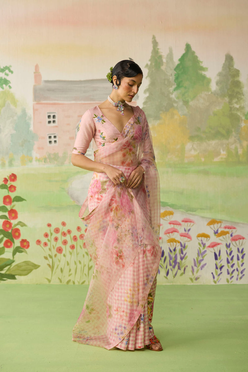 Wild Rose Mulberry Silk and Silk Organza Sari silk saree by Nadiya Paar in pink for women in Singapore