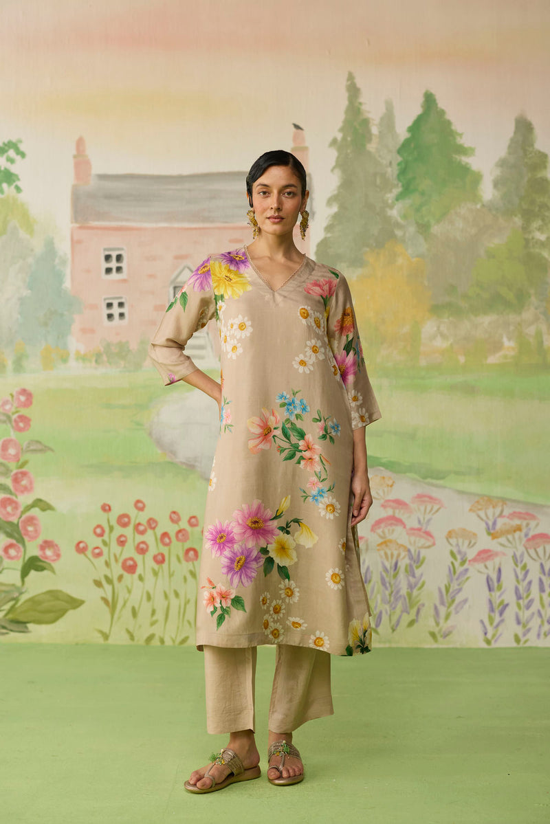 Sand Brown Daisy Long Kurta Set Muberry Silk silk co-ord set by Nadiya Paar in brown for women in Singapore