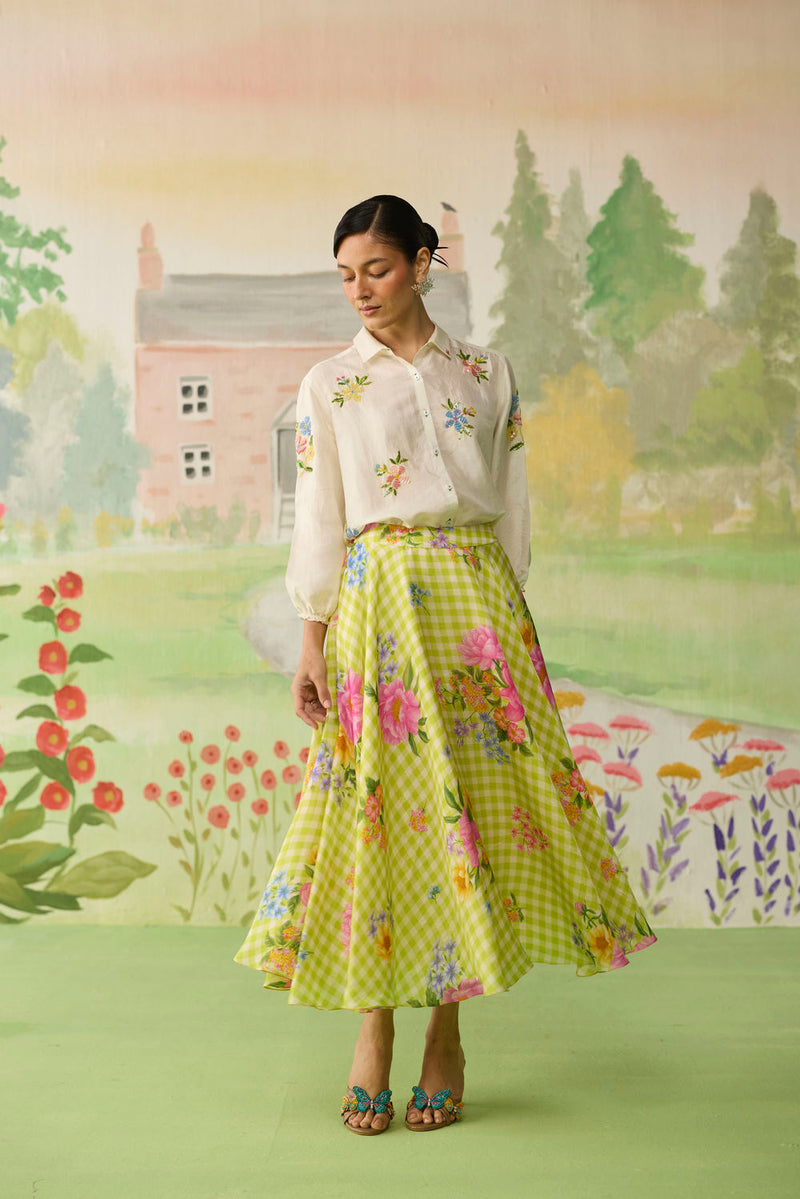 Like a Song Silk Shirt and Skirt Set silk co-ord set by Nadiya Paar in off white, green for women in Singapore