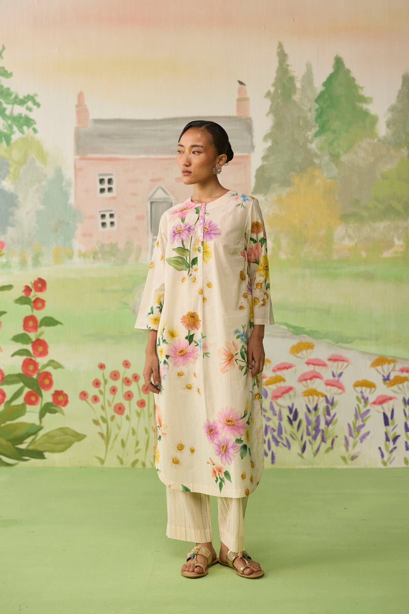 Off-white Daisy Long Kurta Set cotton co-ord set by Nadiya Paar in off white for women in Singapore
