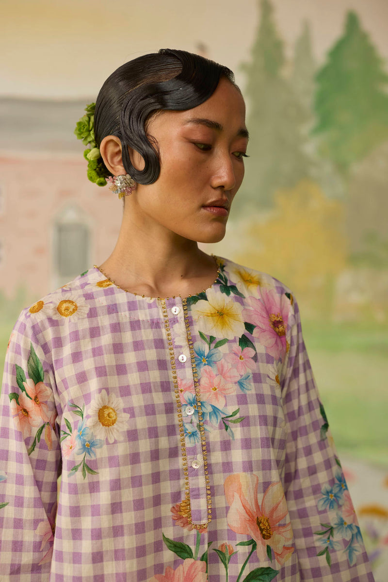 Lilac Daisy Mid Kurta Set cotton co-ord set by Nadiya Paar in lilac for women in Singapore