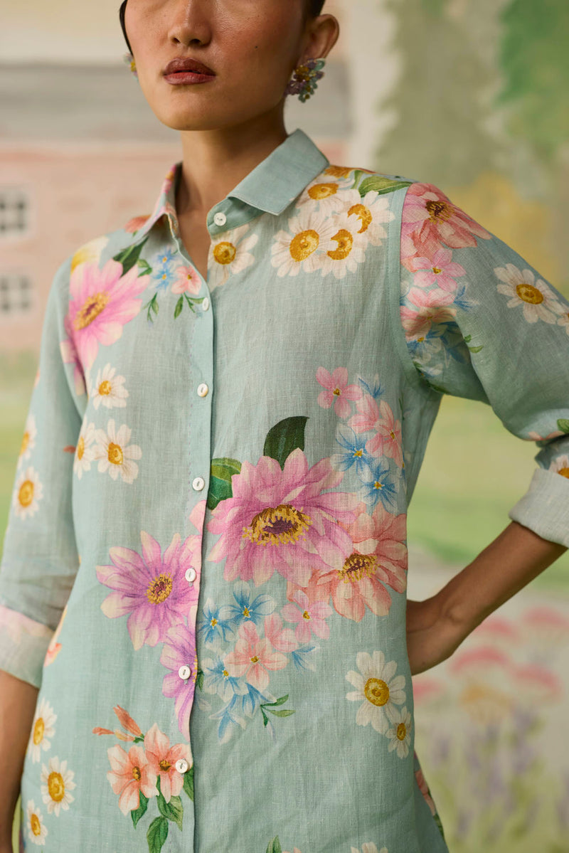 Nice Day Linen Shirt Aqua Blue linen top/shirt by Nadiya Paar in blue for women in Singapore