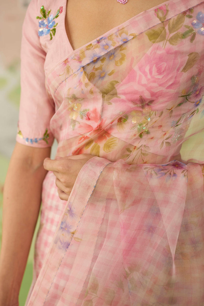 Wild Rose Mulberry Silk and Silk Organza Sari silk saree by Nadiya Paar in pink for women in Singapore