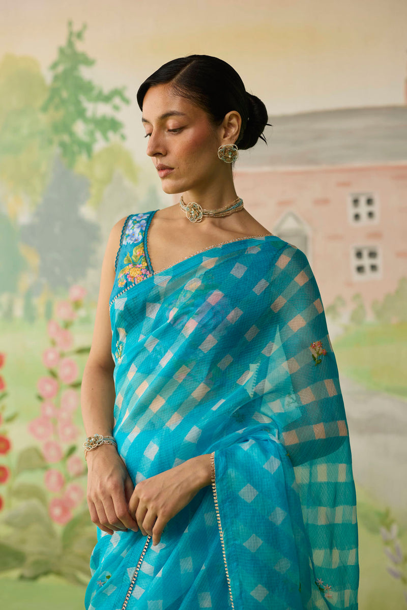 Trellis Blue Kota Doria Silk Lehriya Mothra Sari silk saree by Nadiya Paar in blue for women in Singapore