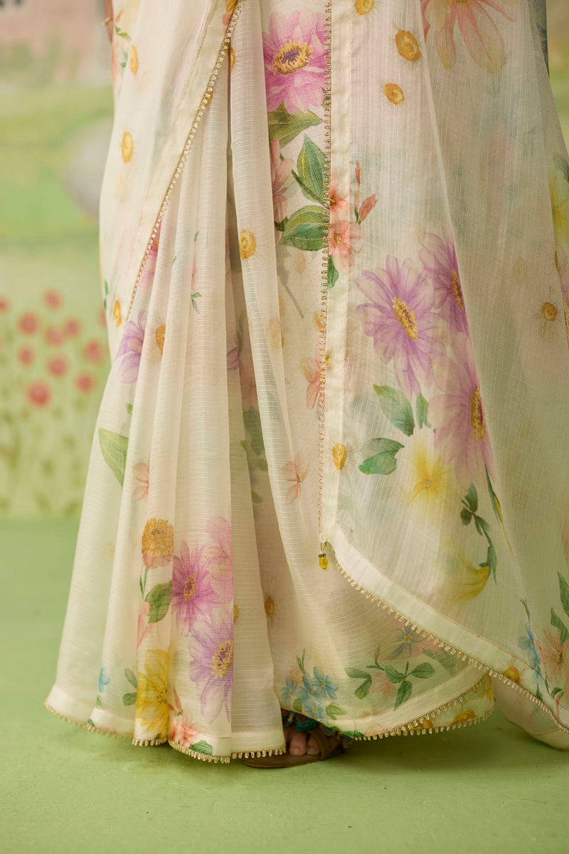 Chamomile Kota Doria Silk Sari silk saree by Nadiya Paar in off white for women in Singapore