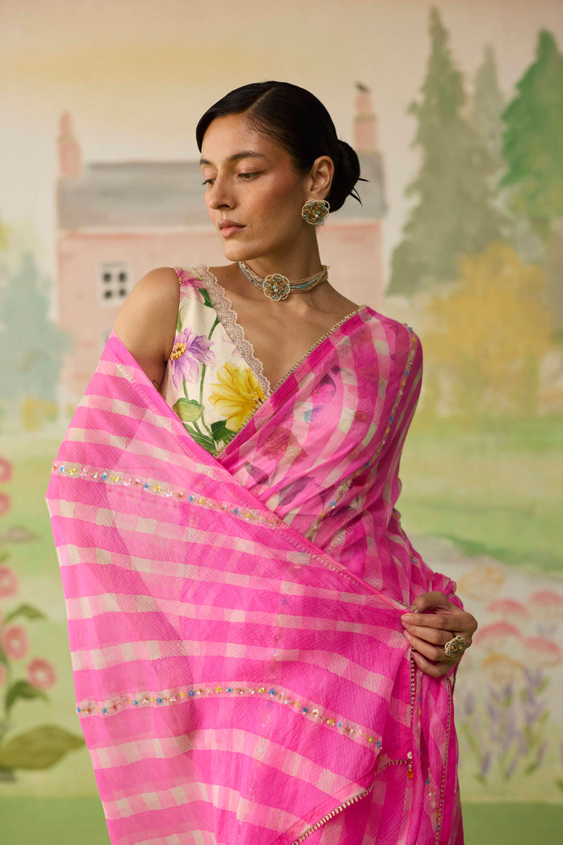 Trellis Pink Kota Doria Silk Lehriya Mothra Sari silk saree by Nadiya Paar in pink for women in Singapore
