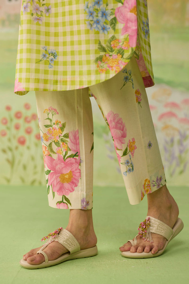 Lime Green Peony Mid Kurta Set cotton co-ord set by Nadiya Paar in green for women in Singapore