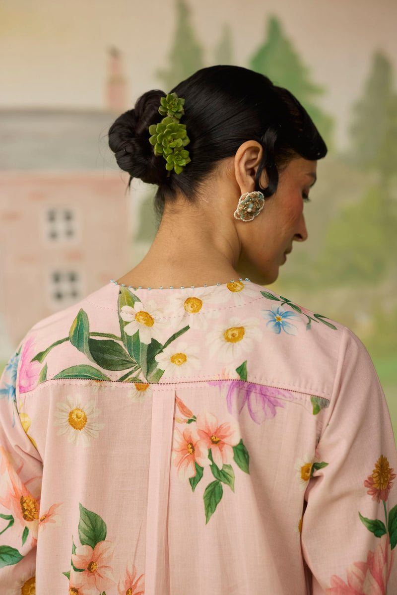 Pink Daisy Long Kurta Set cotton co-ord set by Nadiya Paar in pink for women in Singapore