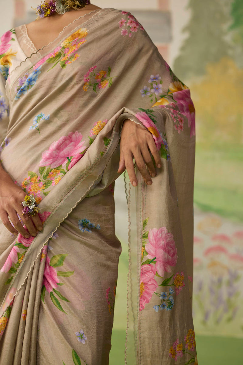 Peony Mulberry Silk Sari silk saree by Nadiya Paar in brown for women in Singapore