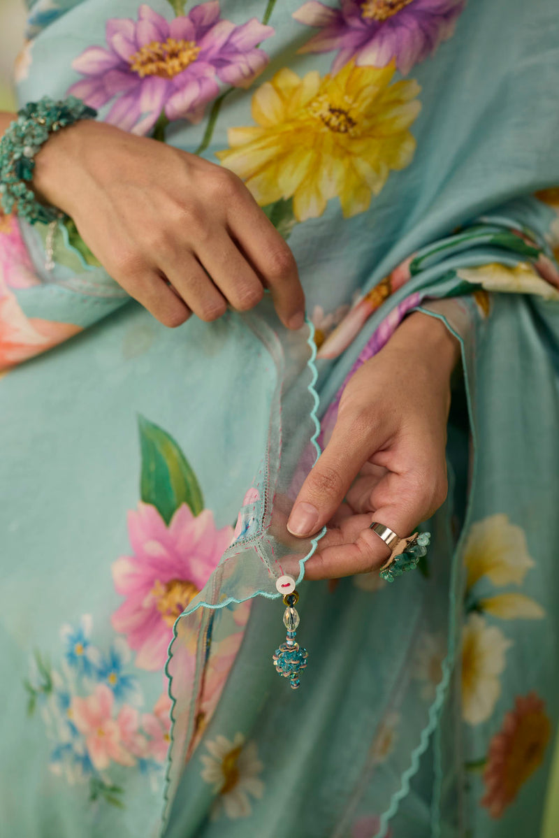Aqua Daisy Mulberry Silk Sari silk saree by Nadiya Paar in blue for women in Singapore