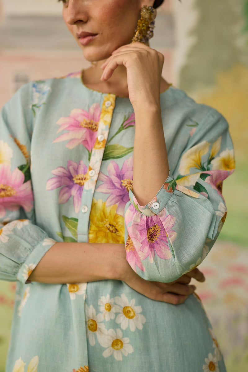 Aqua Daisy Long Kurta Set Linen linen co-ord set by Nadiya Paar in blue for women in Singapore