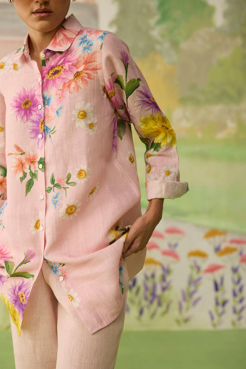 Nice Day Linen Shirt Pink linen top/shirt by Nadiya Paar in pink for women in Singapore