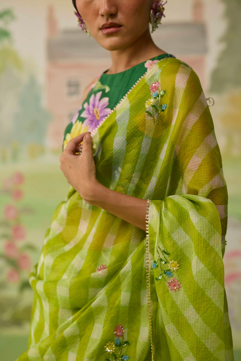 Trellis Green Kota Doria Silk Lehriya Mothra Sari silk saree by Nadiya Paar in green for women in Singapore