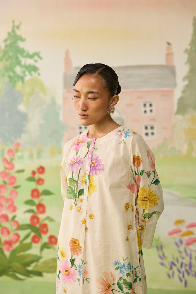 Off-white Daisy Long Kurta Set cotton co-ord set by Nadiya Paar in off white for women in Singapore