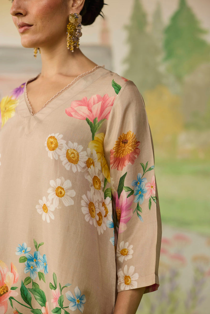 Sand Brown Daisy Long Kurta Set Muberry Silk silk co-ord set by Nadiya Paar in brown for women in Singapore