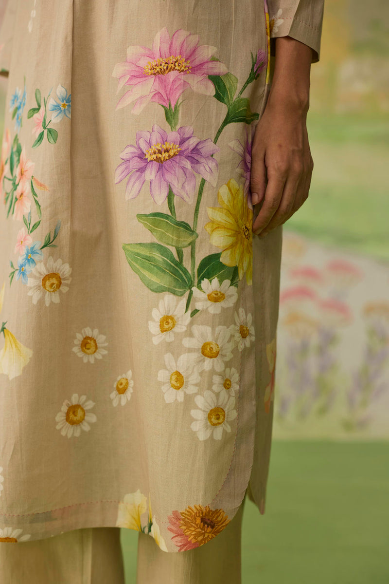 Sand Brown Daisy Long Kurta Set cotton co-ord set by Nadiya Paar in brown for women in Singapore