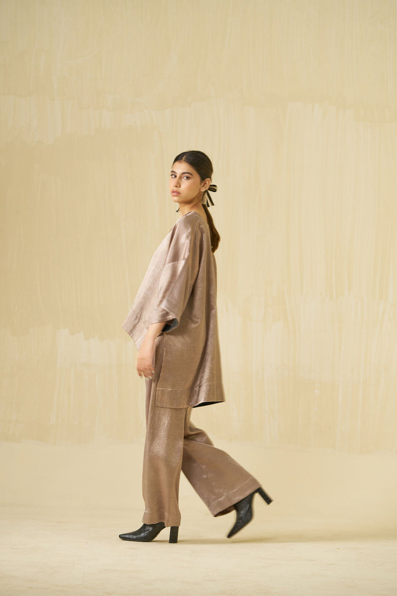 Pigeon Top-Taupe mashru silk top/shirt by Stoique in taupe for women in Singapore